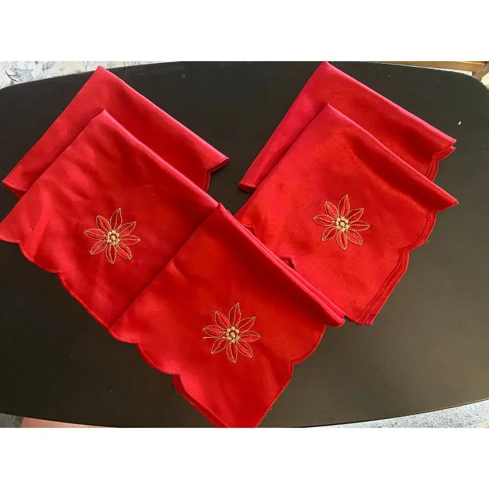Set of 5 Red Embroidered Poinsettia Holiday Cloth Napkins Scalloped Edge Linens